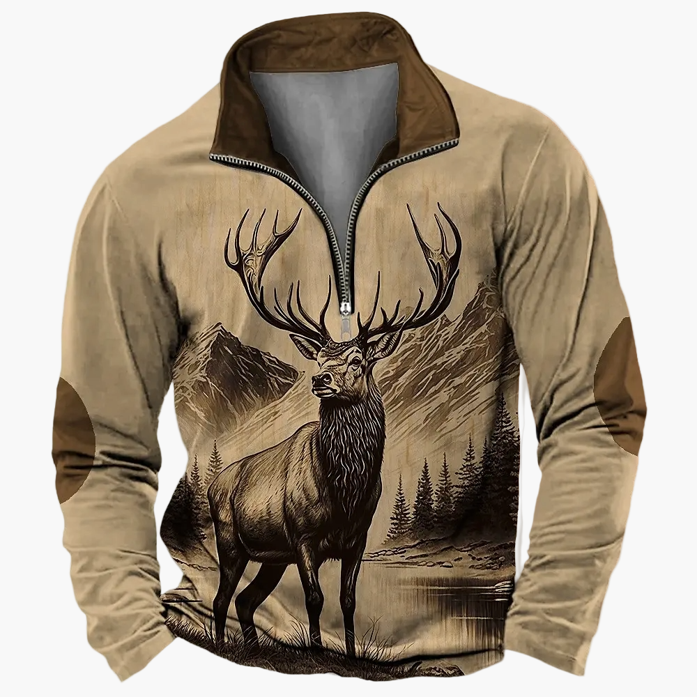 Herren Outdoor Sweatshirt mit Hirschkopf-Print, Freizeitpullover, modischer Stehkragen