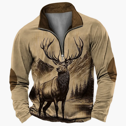 Herren Outdoor Sweatshirt mit Hirschkopf-Print, Freizeitpullover, modischer Stehkragen