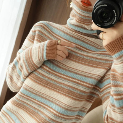 Damen Strickpullover mit Rollkragen – Modischer Streifenlook für Herbst und Winter, Freizeit & Alltag