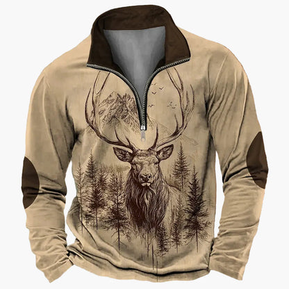 Herren Outdoor Sweatshirt mit Hirschkopf-Print, Freizeitpullover, modischer Stehkragen