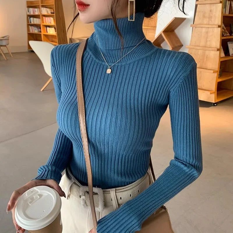 Damen Rollkragen-Rippstrickpullover – Eleganter, figurbetonter Herbst/Winter Style für Alltag und Büro