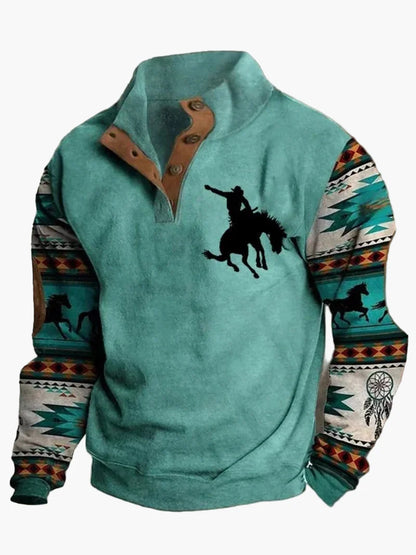 Herren Western-Style Pullover mit Digitaldruck und Stehkragen – Casual Outdoor Winter Sweater