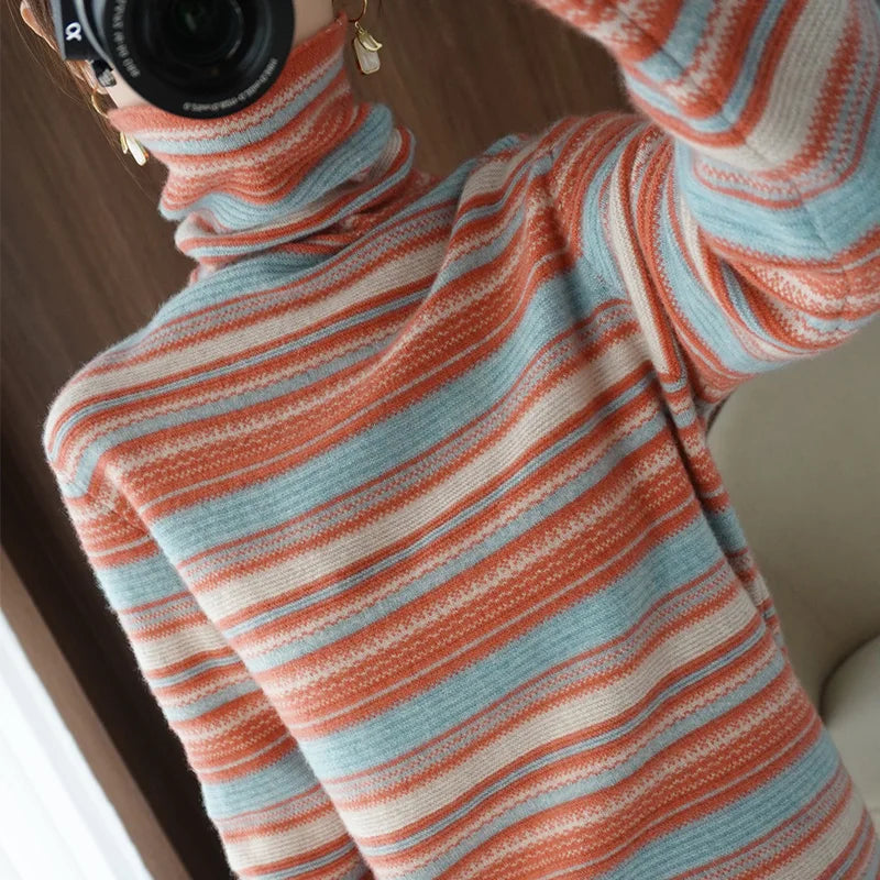 Damen Strickpullover mit Rollkragen – Modischer Streifenlook für Herbst und Winter, Freizeit & Alltag
