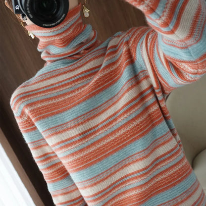 Damen Strickpullover mit Rollkragen – Modischer Streifenlook für Herbst und Winter, Freizeit & Alltag