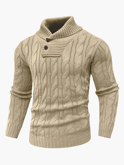 Herren Strickpullover mit Schalkragen und Knopfleiste – Stilvoller, warmer Winterpullover im Zopfmuster für Freizeit und Büro