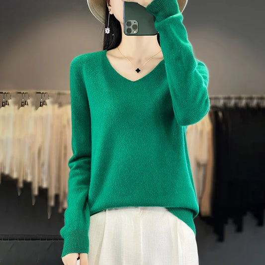 Malene – V-Ausschnitt gestrickter Pullover für Herbst und Winter