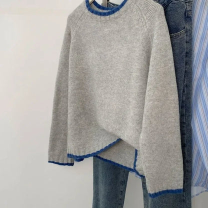 Damen Strickpullover mit Rundhalsausschnitt und asymmetrischem Saum – Bequemer Herbstpullover für Alltag und Freizeit