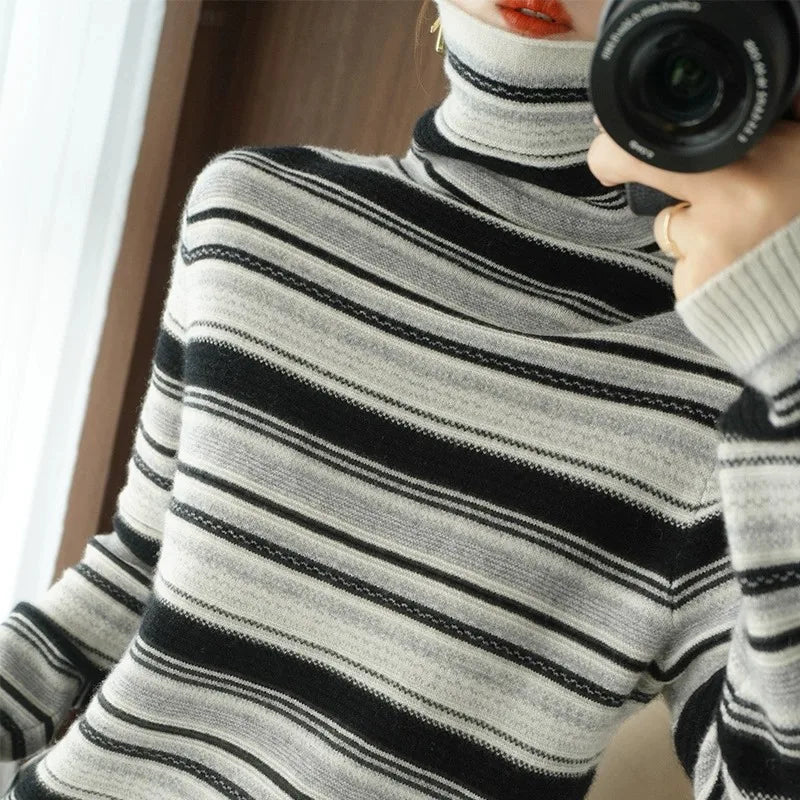 Damen Strickpullover mit Rollkragen – Modischer Streifenlook für Herbst und Winter, Freizeit & Alltag