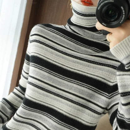 Damen Strickpullover mit Rollkragen – Modischer Streifenlook für Herbst und Winter, Freizeit & Alltag