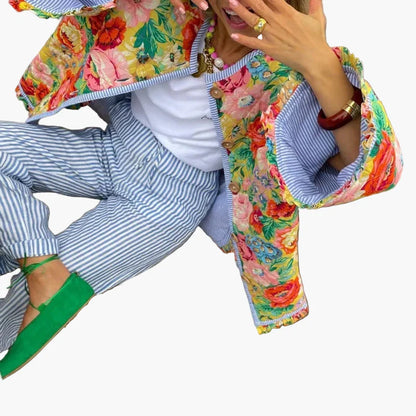 Damen Steppjacke im Vintage-Blumenmuster – Lässiger Boho-Style für Frühling und Sommer