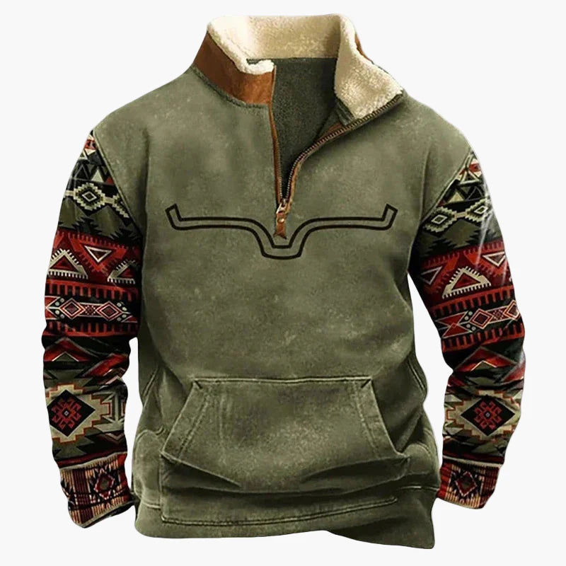 Herren Western Fleece Pullover mit Ethno-Muster und Stehkragen – Ideal für Outdoor & Freizeit