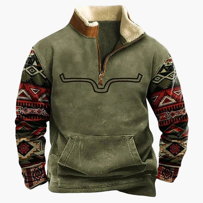 Herren Western Fleece Pullover mit Ethno-Muster und Stehkragen – Ideal für Outdoor & Freizeit