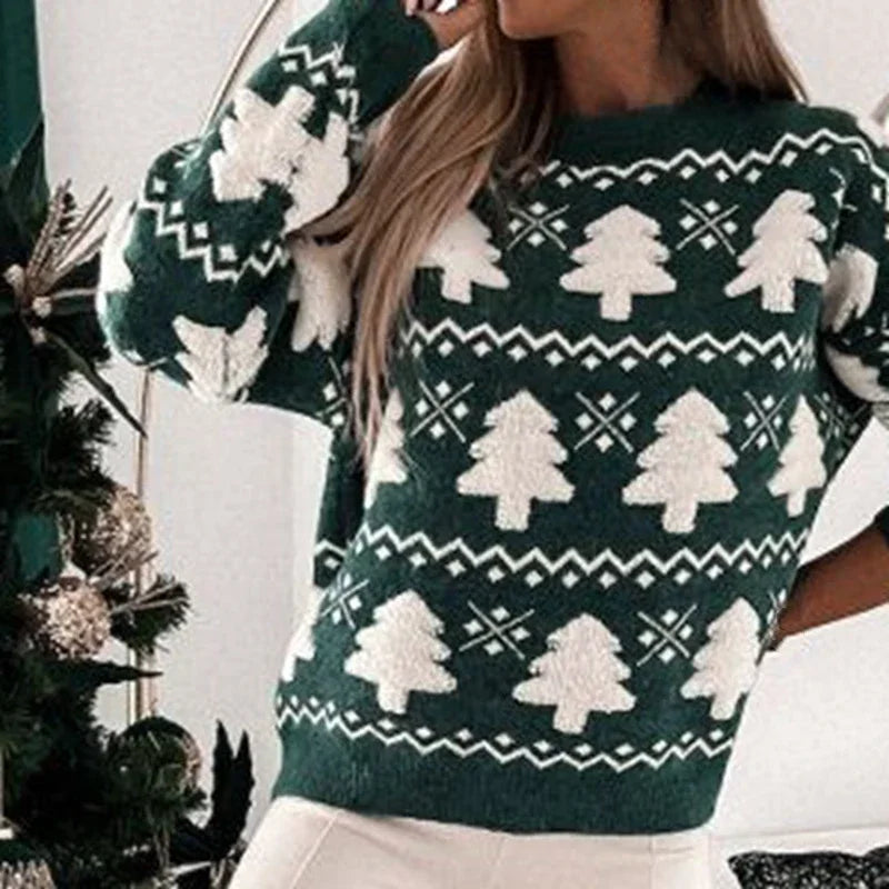 Birgit - Hässlicher Weihnachtspulli - Gestrickter Pullover mit 3D-Weihnachtsbaum-Print