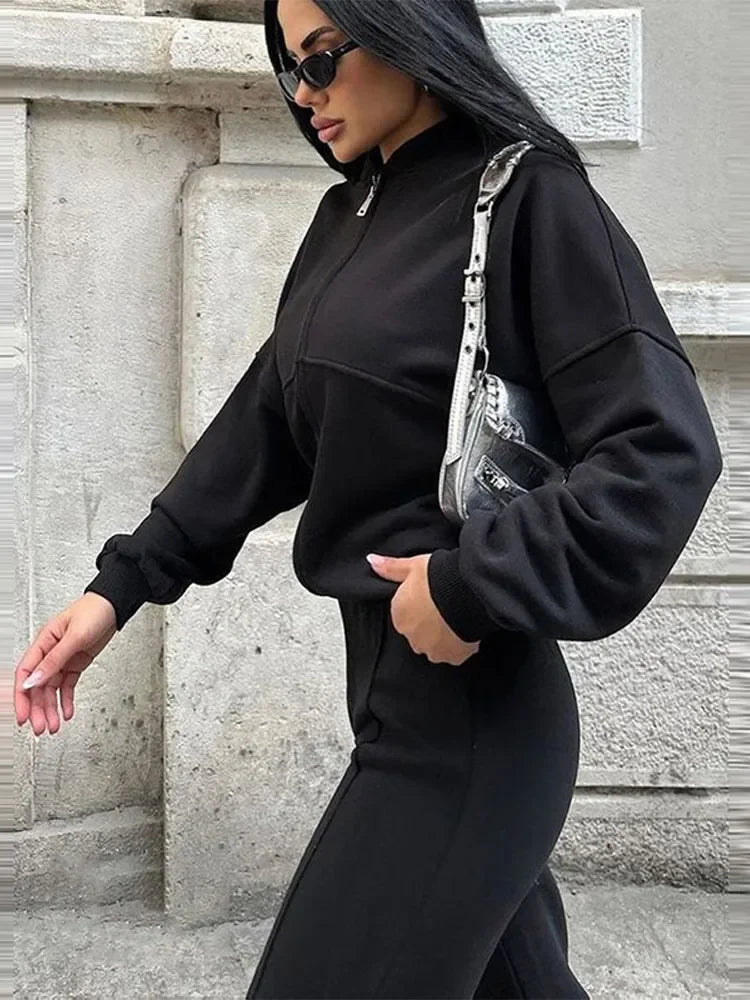 Damen Oversize Zweiteiler Set – Lässiger Reißverschluss Hoodie & Weite Hose, Perfekt für Freizeit & Streetwear