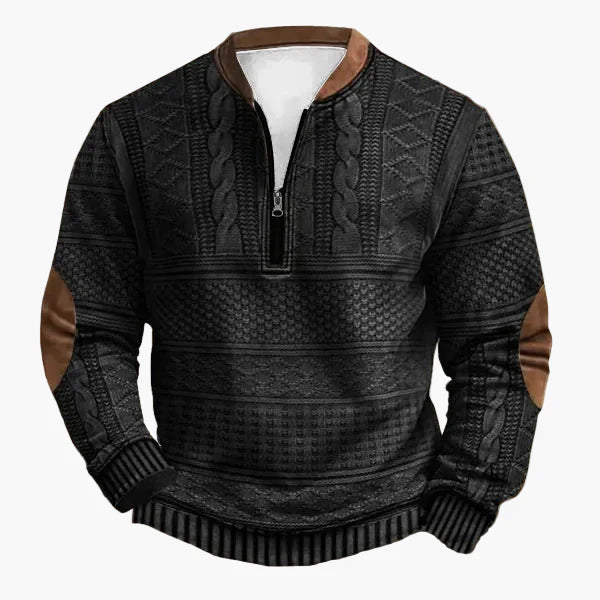 Herren Strick-Look Pullover mit Reißverschluss und Patch-Details – Modernes Freizeit-Sweatshirt