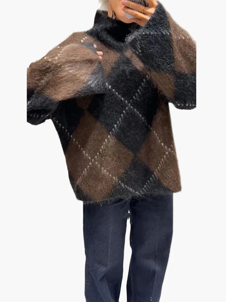 Damen Oversize Strickpullover im Karo-Design für Herbst und Winter – Trendiger und Bequemer Freizeitlook