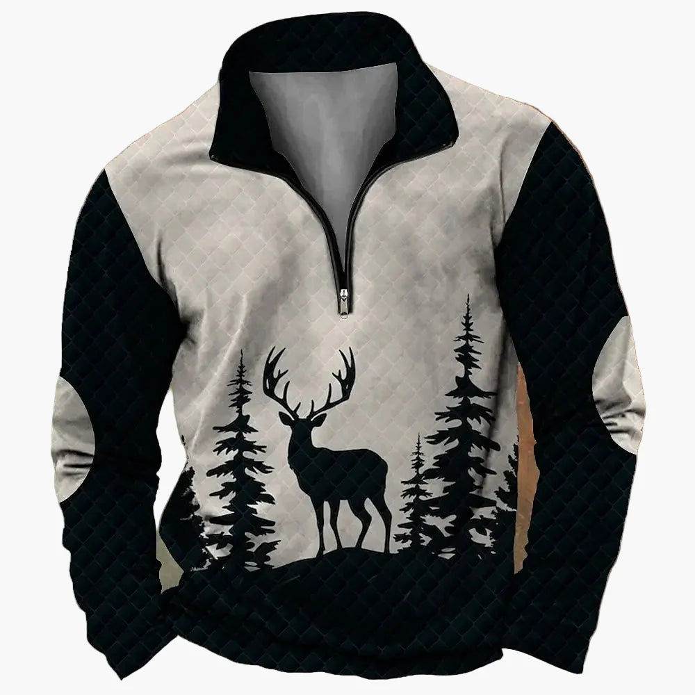 Herren Outdoor Sweatshirt mit Hirschkopf-Print, Freizeitpullover, modischer Stehkragen