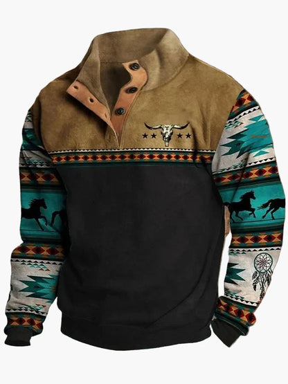 Herren Vintage Western Pullover mit Ethno-Muster – Freizeit, 3D-Druck, Halbknopf, Winter