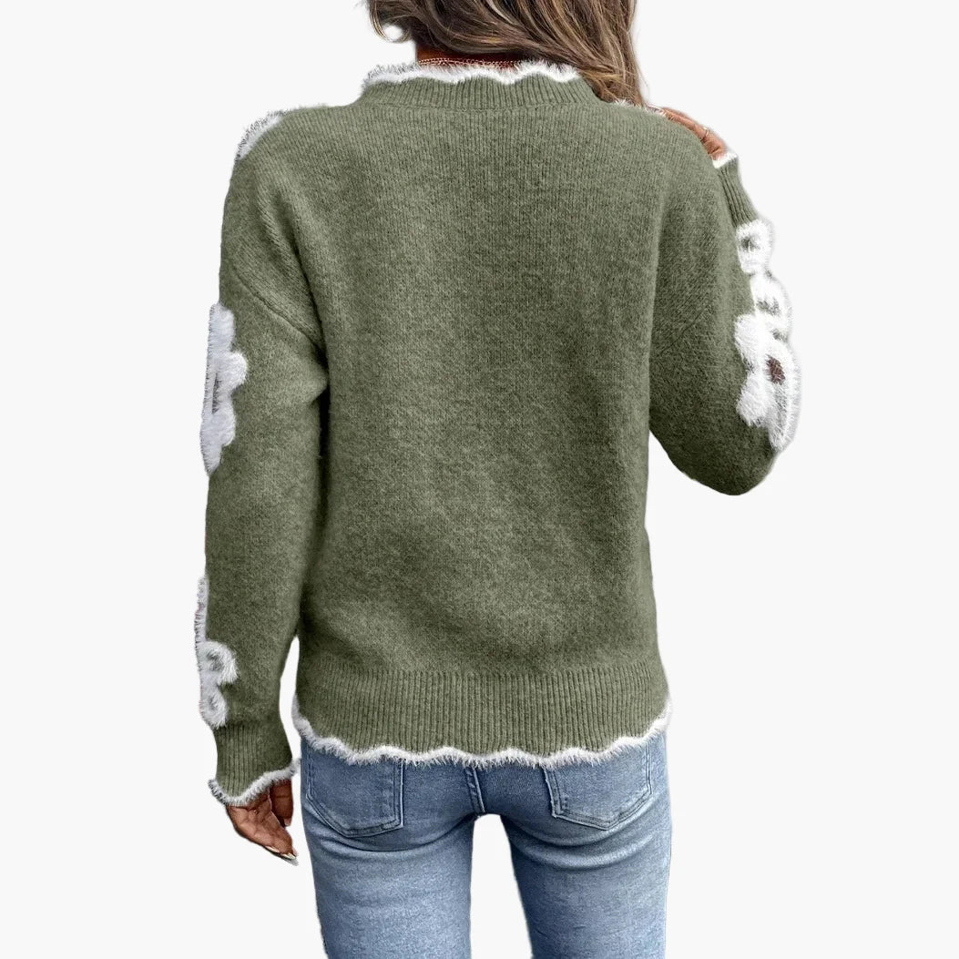 Damen Pullover mit Blumenmuster – Modischer Strickpullover im Retro-Stil für Freizeit und Alltag