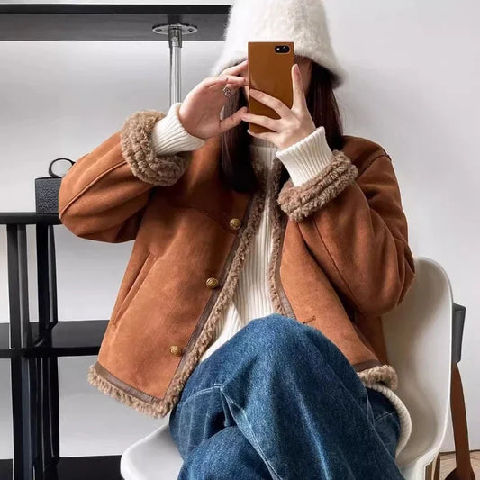Damen Lammfelljacke im Vintage-Stil – Warme Winter Freizeitjacke