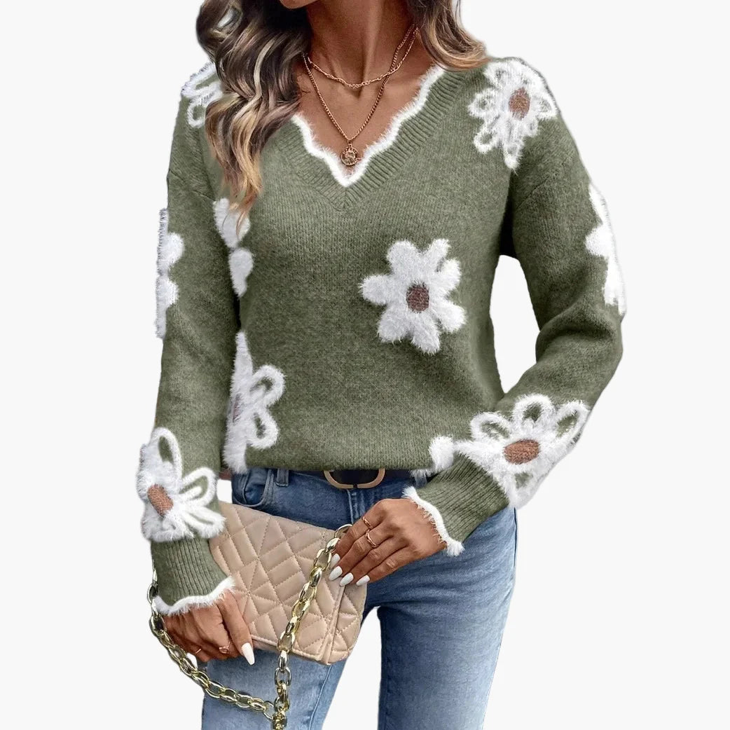 Damen Pullover mit Blumenmuster – Modischer Strickpullover im Retro-Stil für Freizeit und Alltag