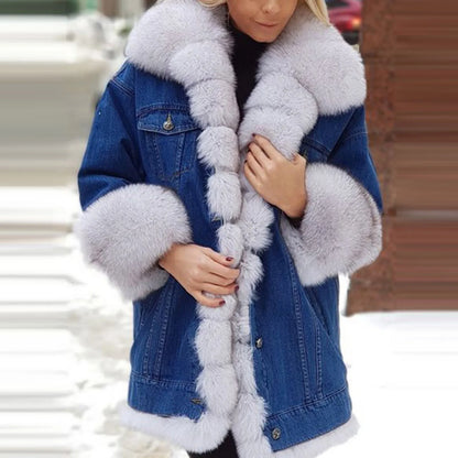 Elena – Wintermode Faux-Fur Einteiler Jeansjacke mit Langarm