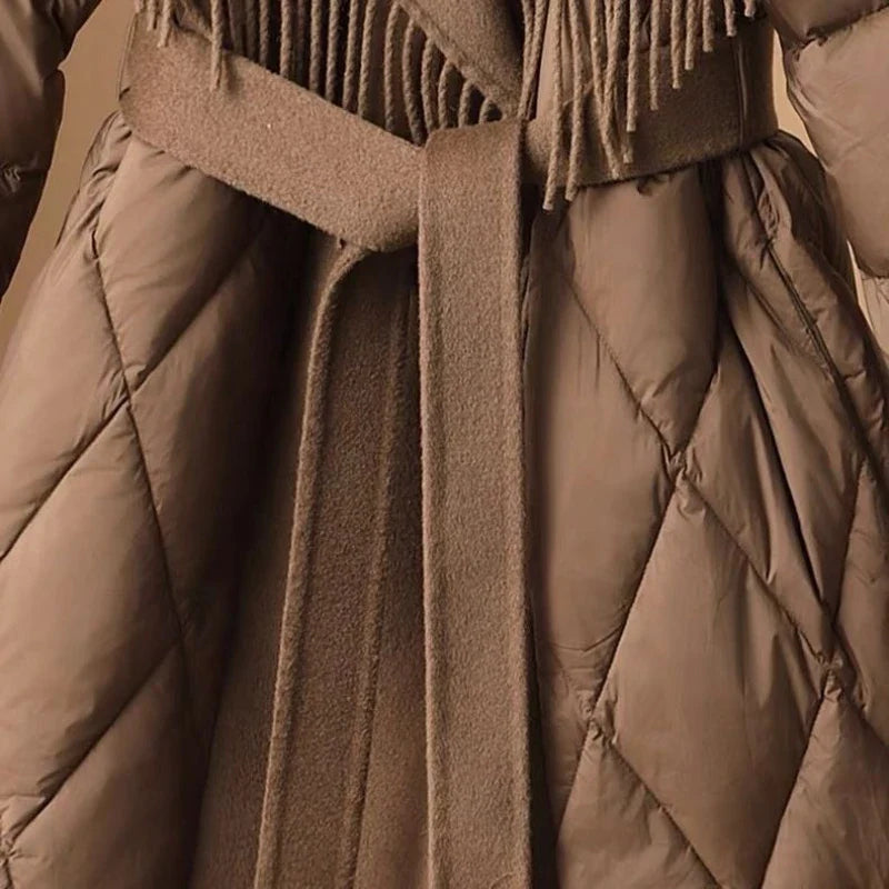 Damen Winter Steppmantel im koreanischen Stil mit Fransen und Wollkragen – Modischer, warmer Mantel für Alltag und Freizeit