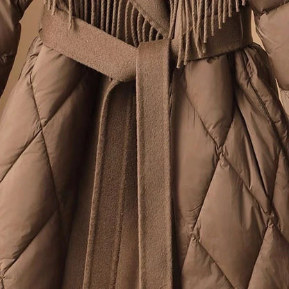 Damen Winter Steppmantel im koreanischen Stil mit Fransen und Wollkragen – Modischer, warmer Mantel für Alltag und Freizeit