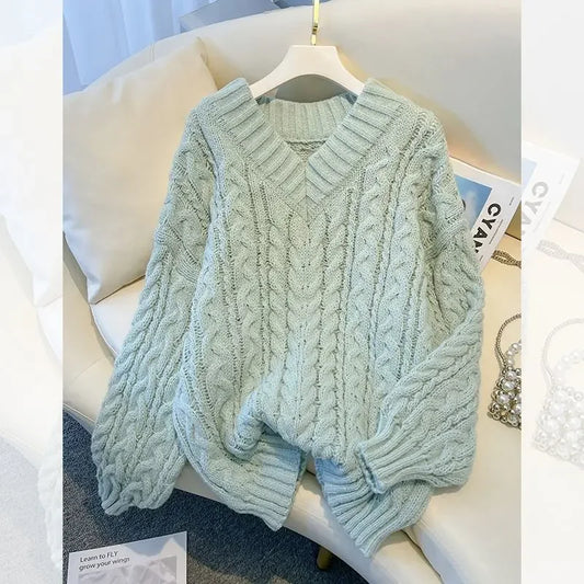 Damen Grobstrick Pullover mit Zopfmuster und V-Ausschnitt – Lässiger Winter-Sweater für Alltag und Freizeit