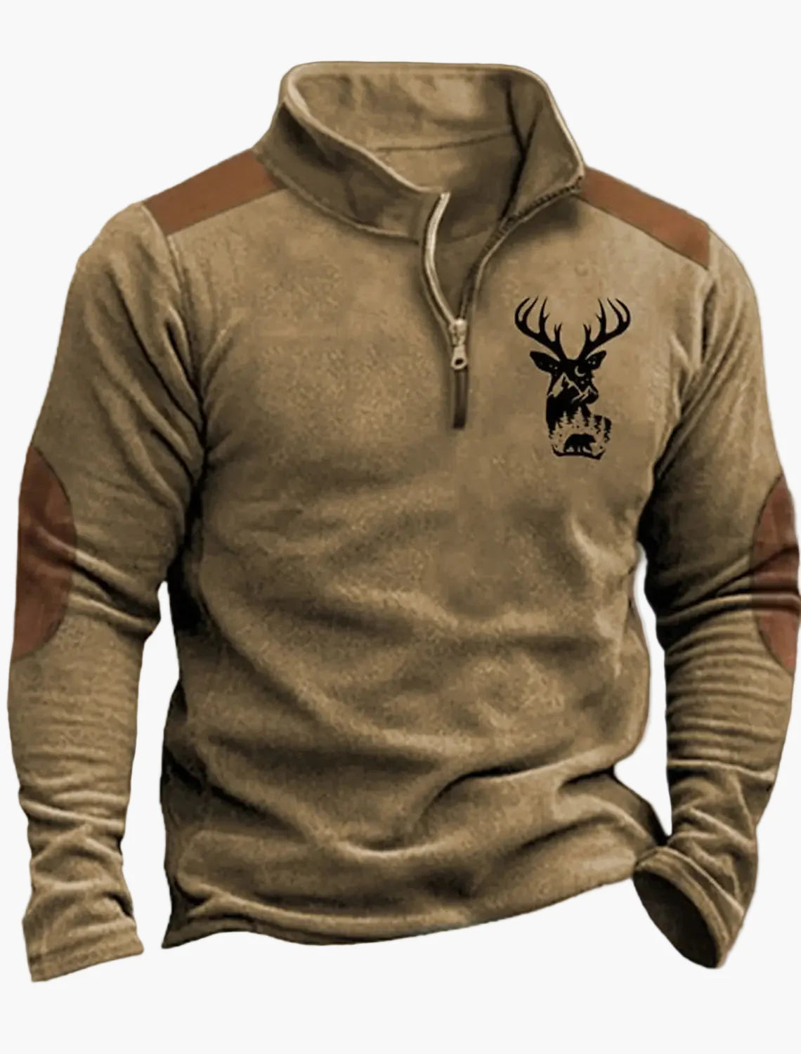Herren Outdoor Sweatshirt mit Hirschkopf-Print, Freizeitpullover, modischer Stehkragen