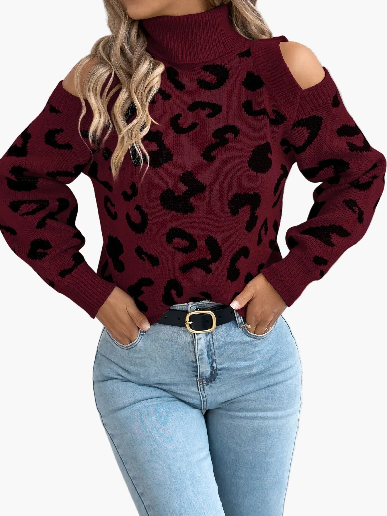 Damen Pullover mit Leopardenmuster und Cut-Out-Schultern – Modischer Strickpulli für Alltag und Freizeit