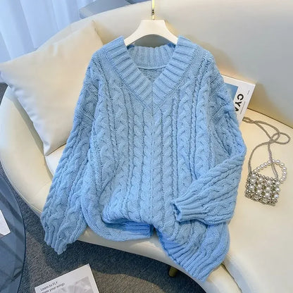 Damen Grobstrick Pullover mit Zopfmuster und V-Ausschnitt – Lässiger Winter-Sweater für Alltag und Freizeit