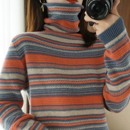 Damen Strickpullover mit Rollkragen – Modischer Streifenlook für Herbst und Winter, Freizeit & Alltag