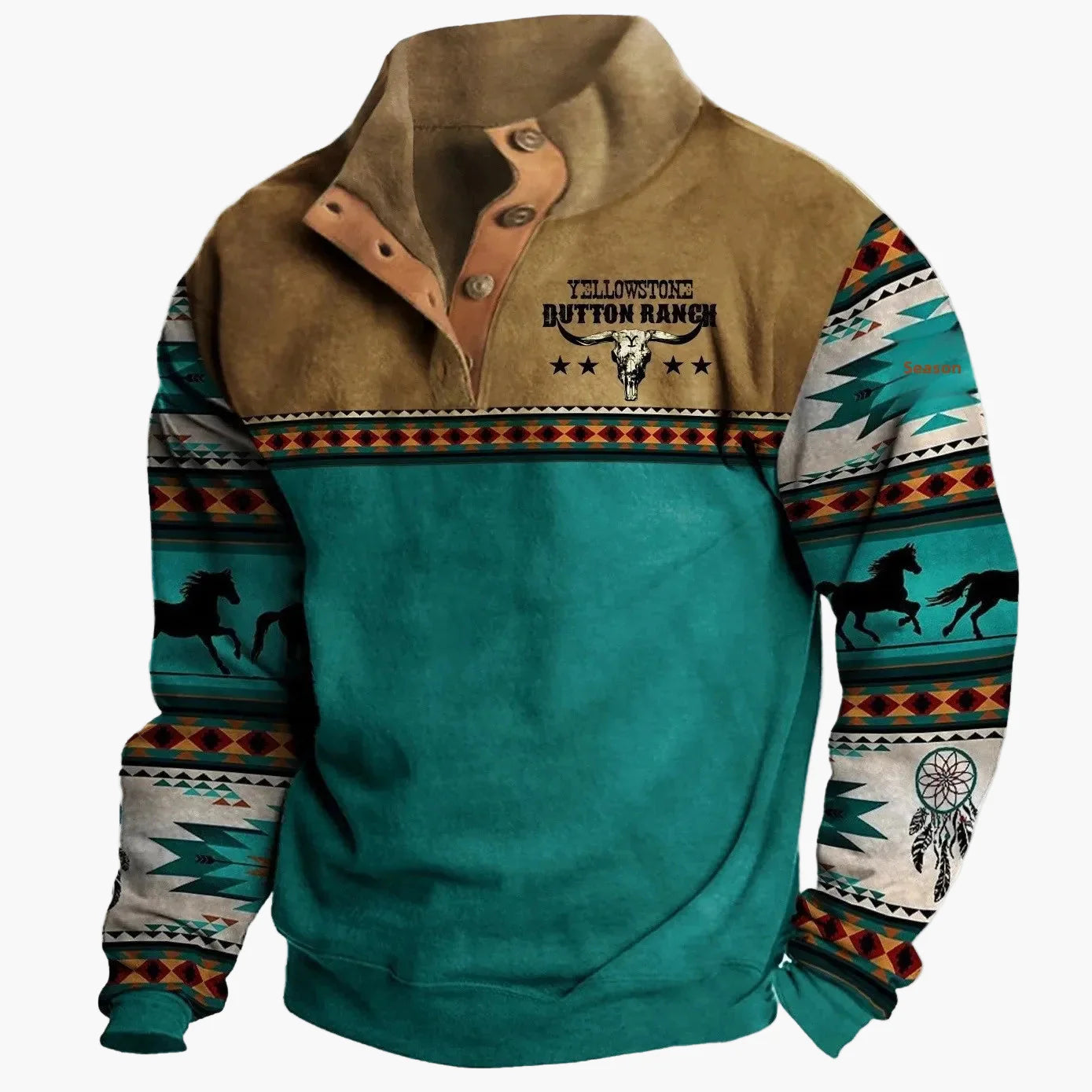 Herren Vintage Western Pullover mit Ethno-Muster – Freizeit, 3D-Druck, Halbknopf, Winter