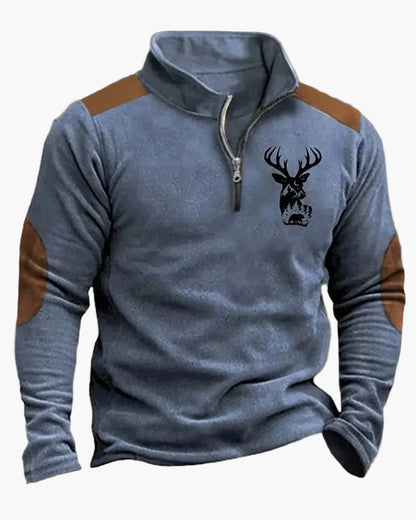 Herren Outdoor Sweatshirt mit Hirschkopf-Print, Freizeitpullover, modischer Stehkragen