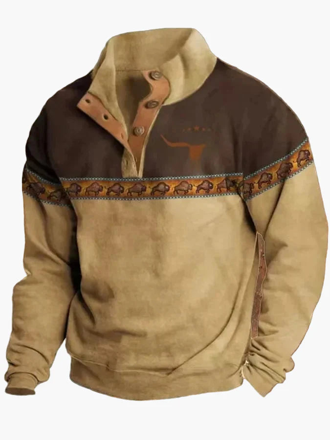 Herren Vintage Western Pullover mit Ethno-Muster – Freizeit, 3D-Druck, Halbknopf, Winter