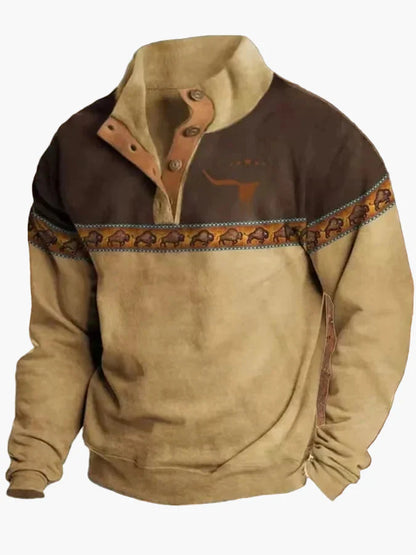 Herren Vintage Western Pullover mit Ethno-Muster – Freizeit, 3D-Druck, Halbknopf, Winter