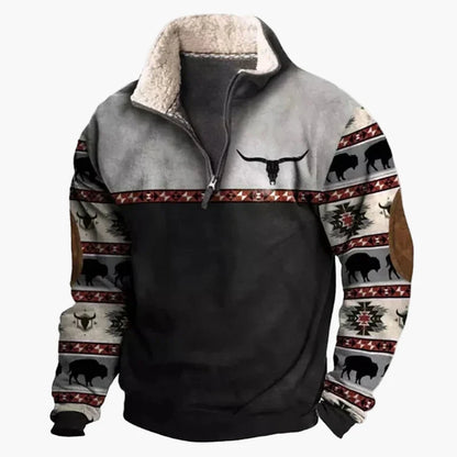 Herren Pullover im Western-Stil mit Ethno-Muster und Longhorn-Print – Bequemer Freizeit-Sweater mit halbem Reißverschluss