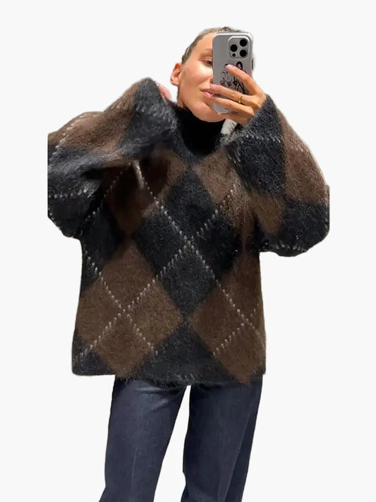 Damen Oversize Strickpullover im Karo-Design für Herbst und Winter – Trendiger und Bequemer Freizeitlook