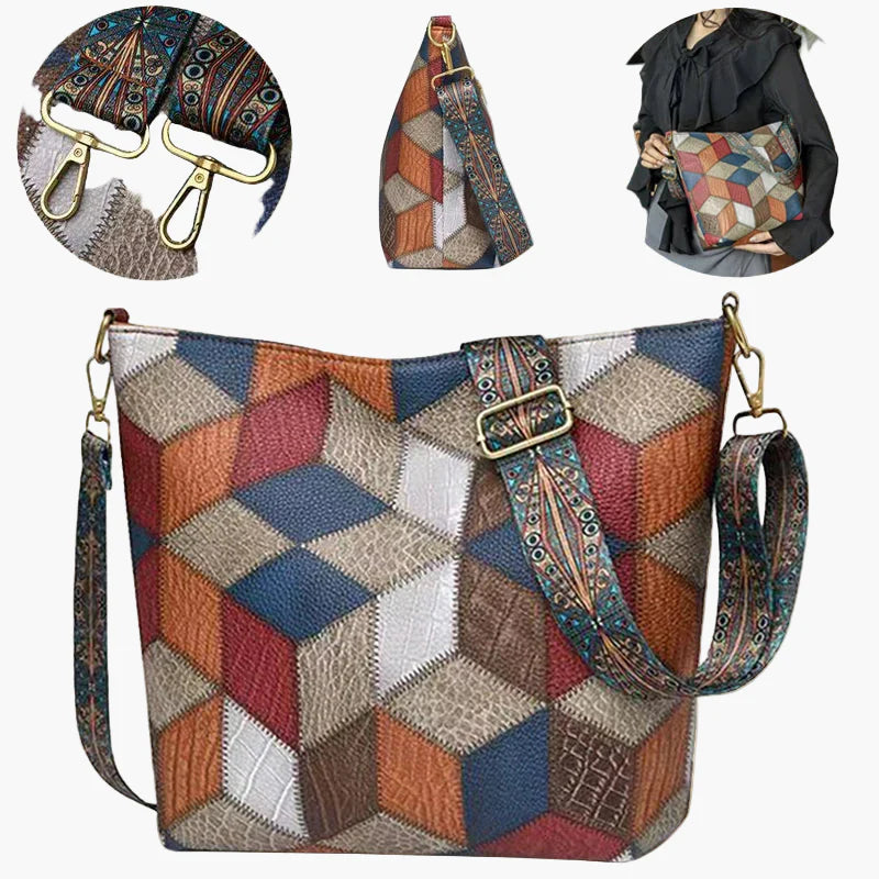 Damen Patchwork Schultertasche im Vintage-Stil – Modische Umhängetasche für Alltag und Freizeit