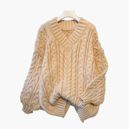 Damen Strickpullover im Zopfmuster – V-Ausschnitt, gemütlicher Oversize-Stil, modischer Winter-Look