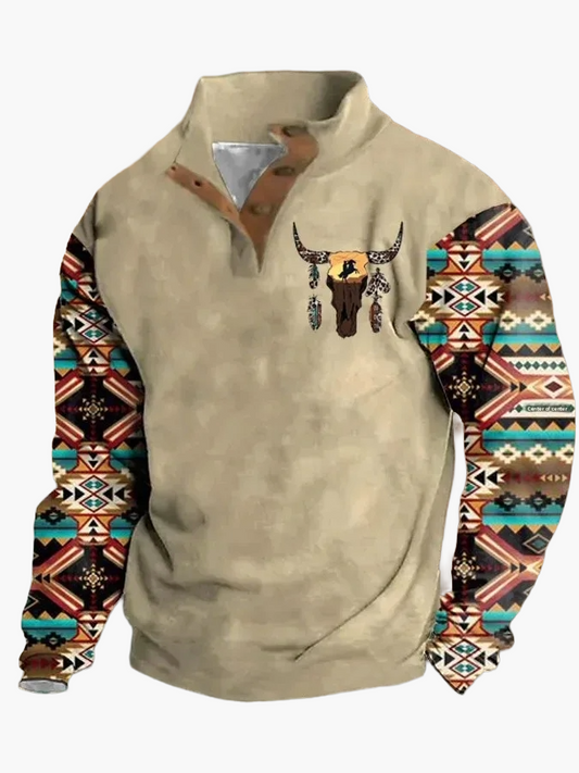 Herren Vintage Western Pullover mit Ethno-Muster – Freizeit, 3D-Druck, Halbknopf, Winter