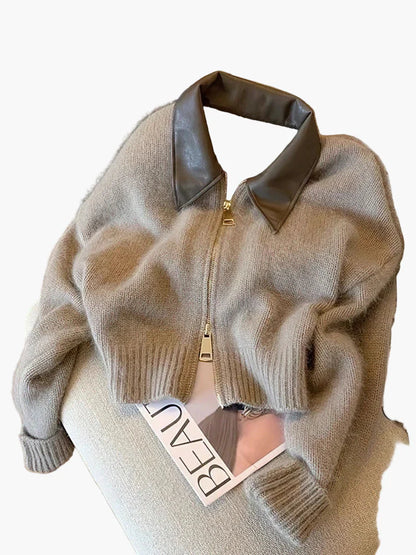 Damen Strickjacke mit Reißverschluss und Kunstlederkragen – Modischer Herbst-Winter Cardigan