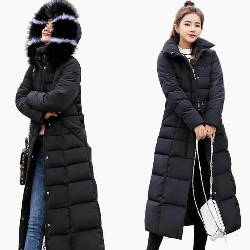 Damen Winter Daunenmantel mit Kapuze und Fellkragen – Eleganter Koreanischer Stil, Lang, Wärmend, Modisch