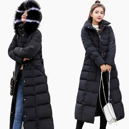 Damen Winter Daunenmantel mit Kapuze und Fellkragen – Eleganter Koreanischer Stil, Lang, Wärmend, Modisch