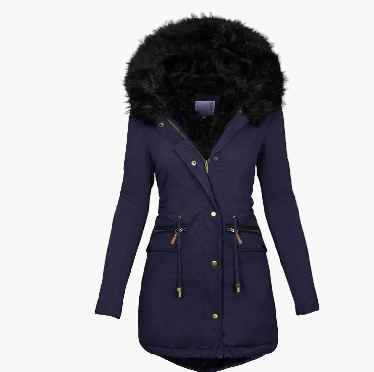Damen Wintermantel mit Kapuze und Kunstfellkragen – Eleganter, warmer Parka für Herbst und Winter