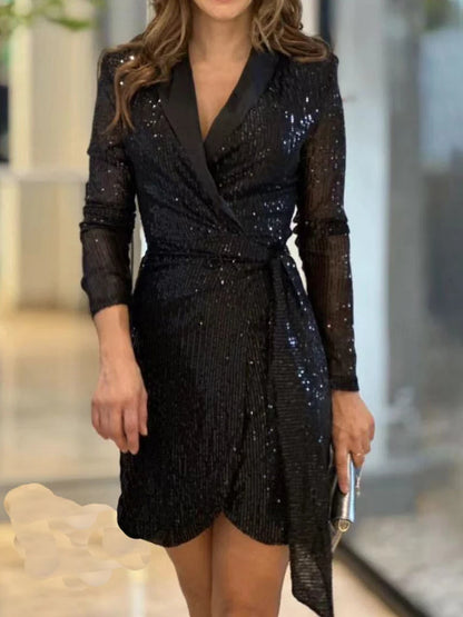 Elena - Langärmliges Kleid mit V-Ausschnitt und funkelnden Details