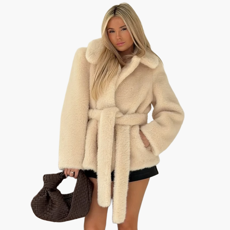 Damen Winterjacke im eleganten Kunstfell-Stil mit Gürtel – Modische Übergangsjacke für Alltag und Events
