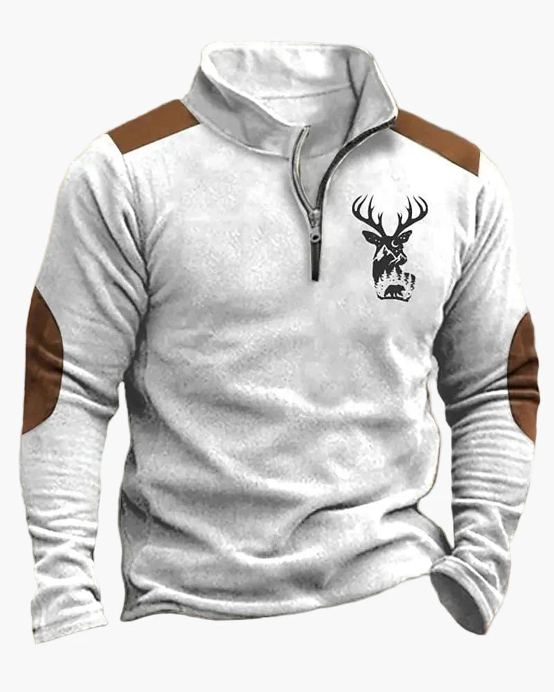 Herren Outdoor Sweatshirt mit Hirschkopf-Print, Freizeitpullover, modischer Stehkragen