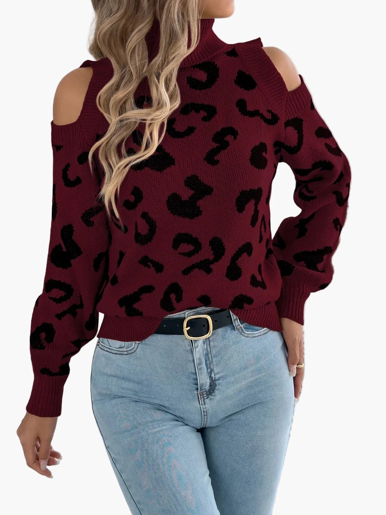 Damen Pullover mit Leopardenmuster und Cut-Out-Schultern – Modischer Strickpulli für Alltag und Freizeit